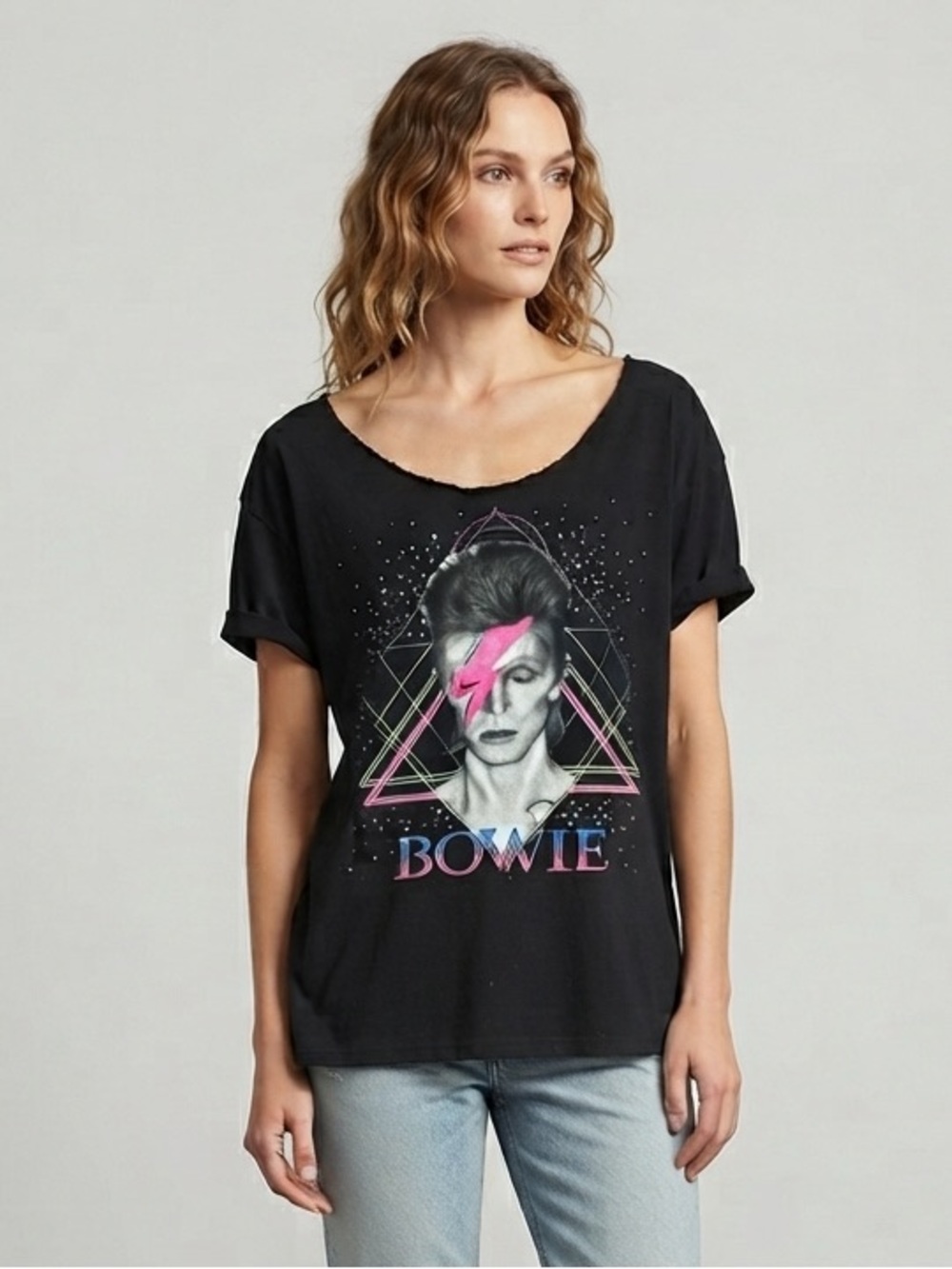 David Bowie Aladdin Sane Neon Triangles Graphic Tee M 20.5” p2p Black EUC